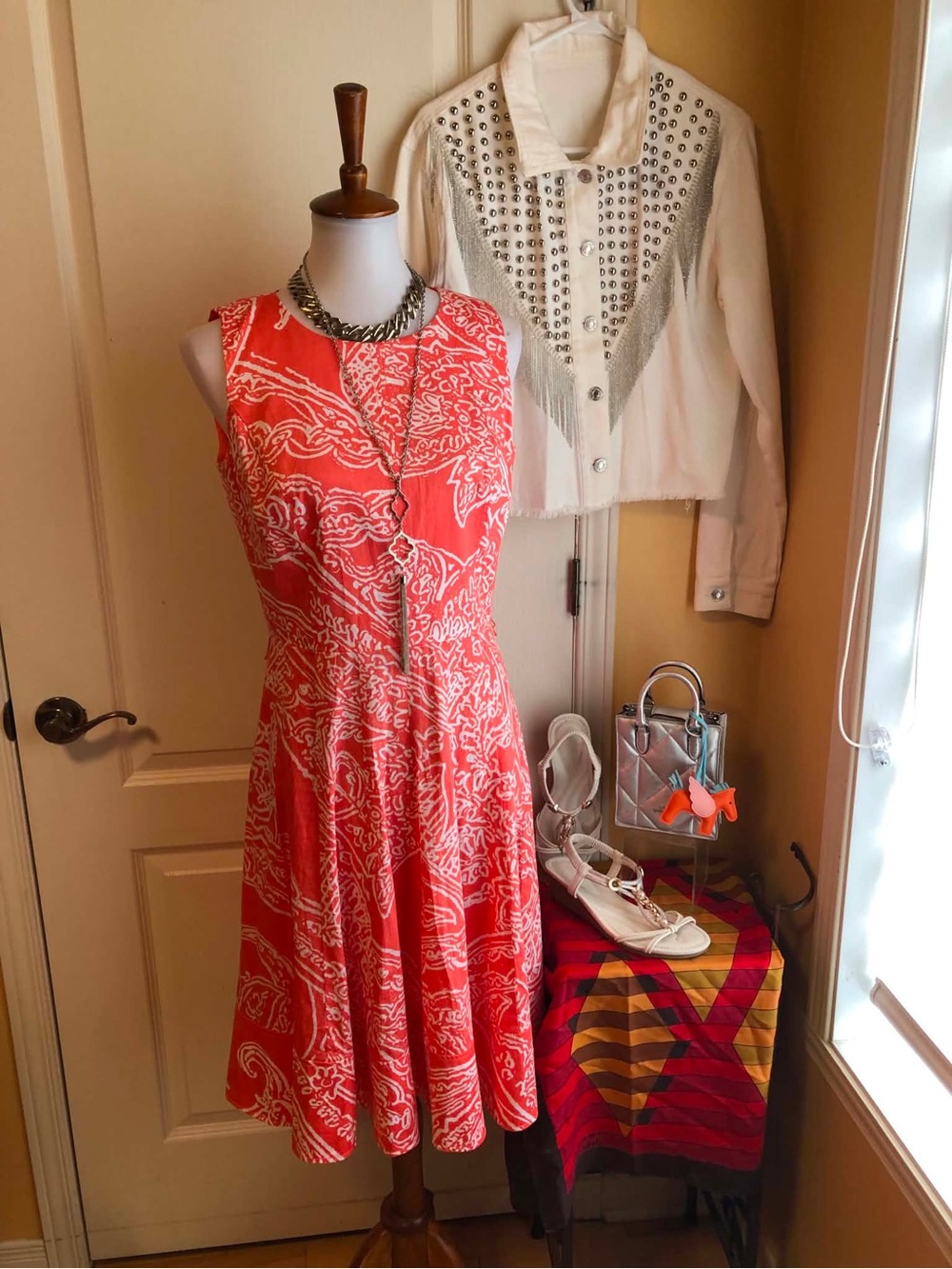 🩴20$ Anne Klein orange/white Fit-and-Flare Midi Dress